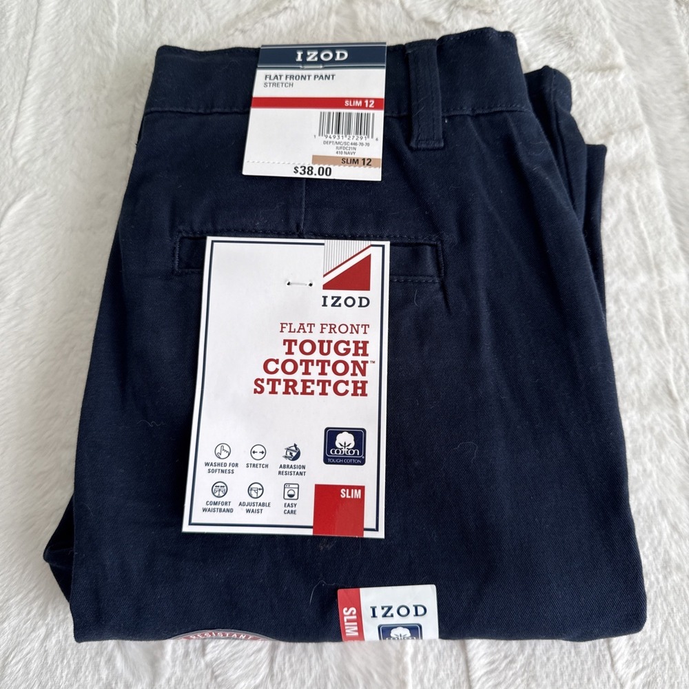 Boys Izod Navy Adjustable Waist Flat Front School Uniform Pants 12 Slim New